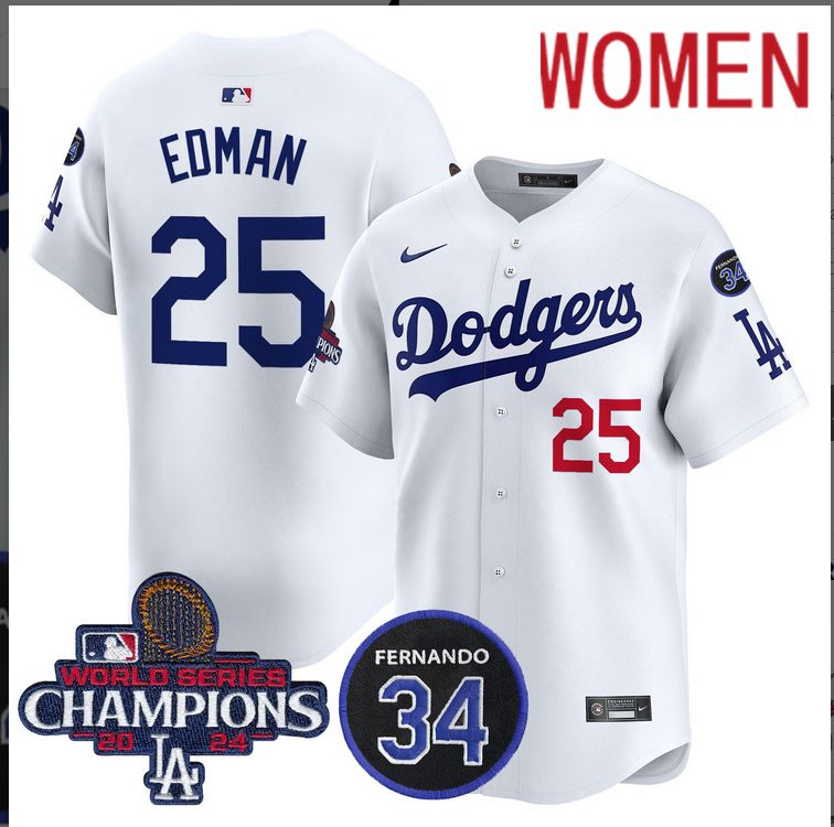 Women MLB Los Angeles Dodgers #25 Edman white 2024 World Series Champions Patch Limited Jersey